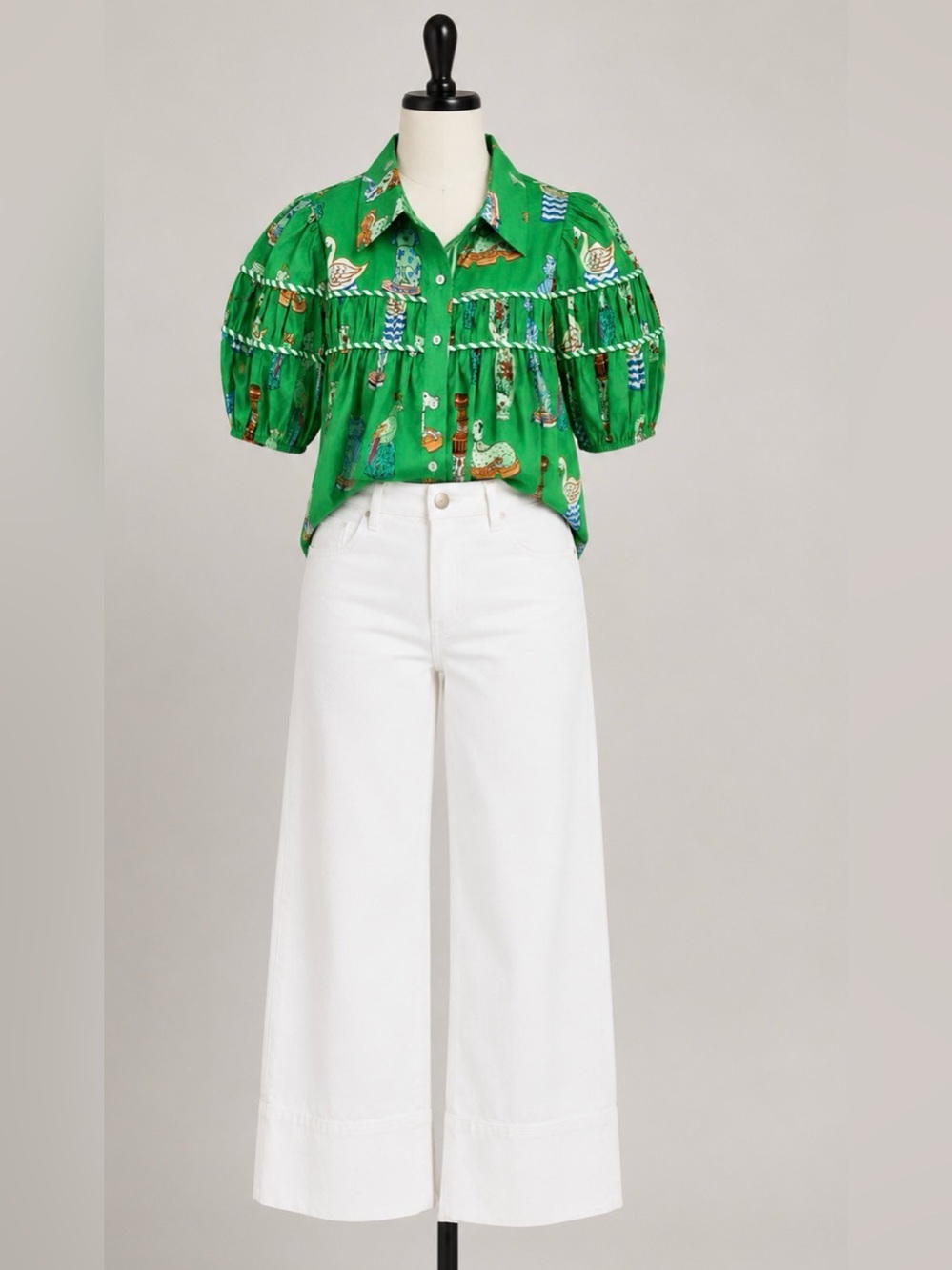 ENTRO Whimsy Green Printed Puff-Sleeve Button-Front Blouse - Picture 4 of 4